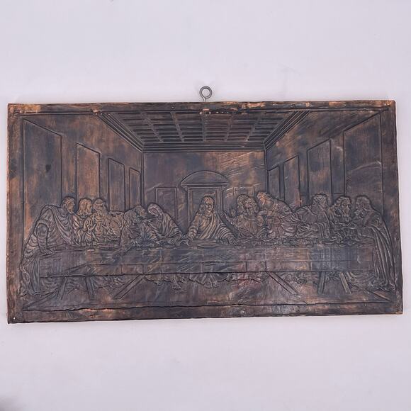 Embossed LAST SUPPER on Copper Tin 20x11 inches Mounted Nailed on Wood Vintage - Picture 15 of 15